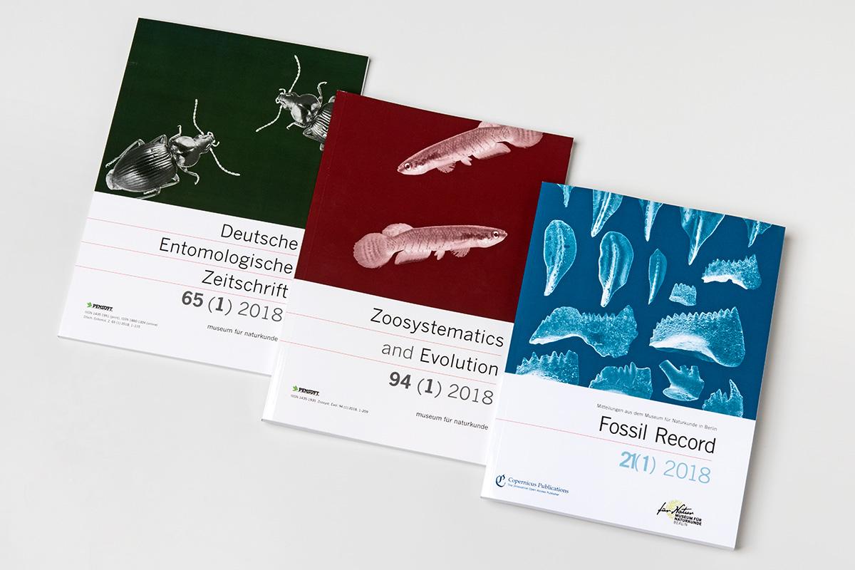 Ausgaben der wissenschaftlichen Zeitschriften Fossil Record, Zoosystematics and Evolution und Deutsche Entomologische Zeitschrift, Foto: Carola Radke / MfN