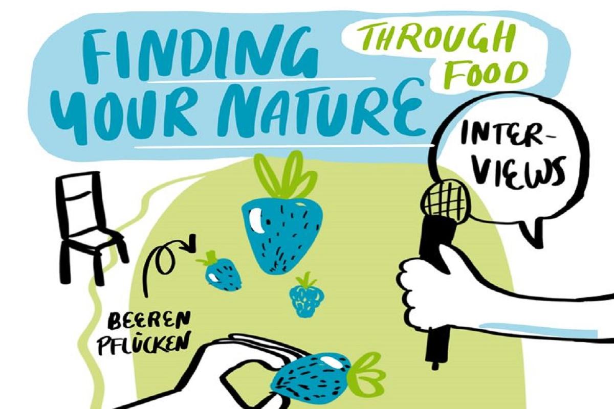 Comic of a garden with a chair and berries. One hand in the foreground holds a berry, a second hand a microphone. The words "Picking berries" and "Interviews" can be read, as well as the caption "Finding your nature through food".