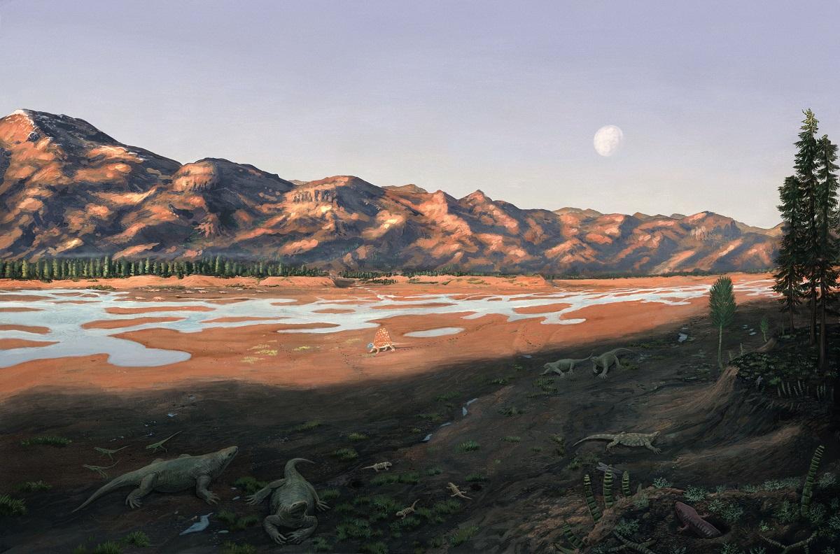 Illustration of a wide river valley in the mountains with early tetrapods and reptiles.