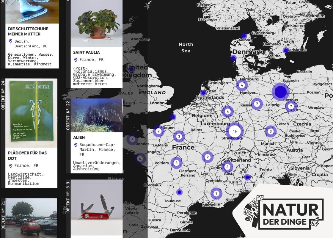 Ansicht einiger Objekte aus der Online Sammlung "Natur der Dinge" vor einer Kartenansicht die den Standort verschiedener beigetragener Objekte innerhalb Europas zeigt.