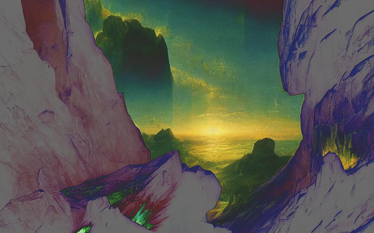 Ein KI-Generiertes Bild in surrealen Farben dass eine Felsenlandschaft vor einem Horizont mit Sonnenuntergang zeigt.