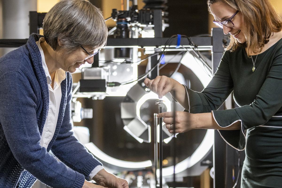 Christiane Quaisser und Jana Hoffmann an der Massendigitalisierungsstraße in der Sonderausstellung "digitize!"