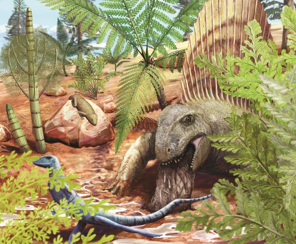 Paleoart depicting a specimen of Dimetrodon teutonis regurgitating undigestible remains, as well as Eudibamus cursoris in the foreground (left), and Thuringothyris mahlendorffae in the background on a rock. 