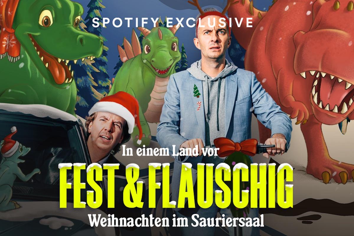 Eine Collage, auf der die beiden Podcast-Hosts Jan Böhmermann und Olli Schulz vor illustrierten Dinosauriern zu sehen sind.