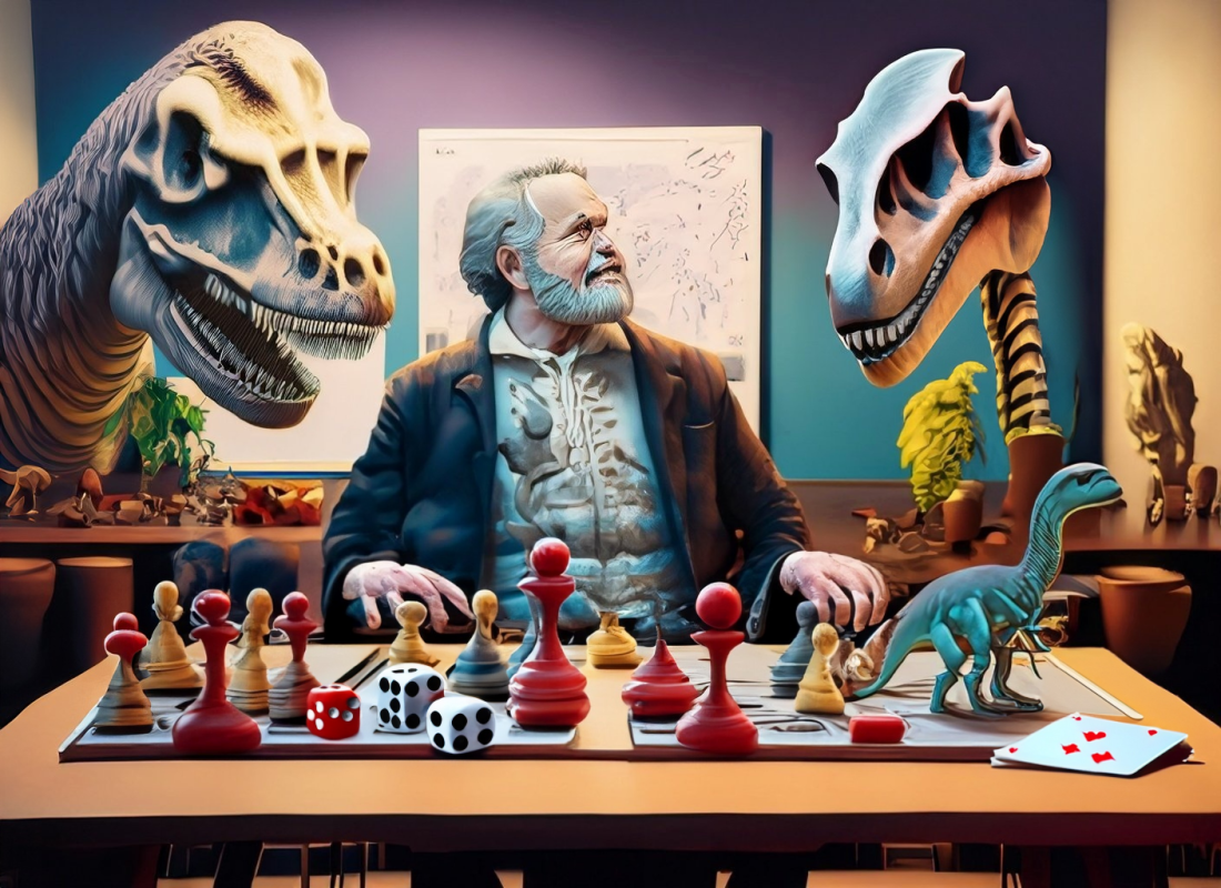 Charles Darwin spielt zwischen Dinosaurierskeletten Brettspiele