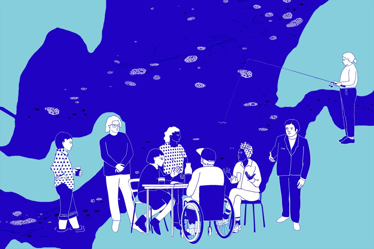 Einige Leute sitzen um einen Tisch im Museum für Naturkunde bei einem Workshop vom Projekt "Natur der Dinge".