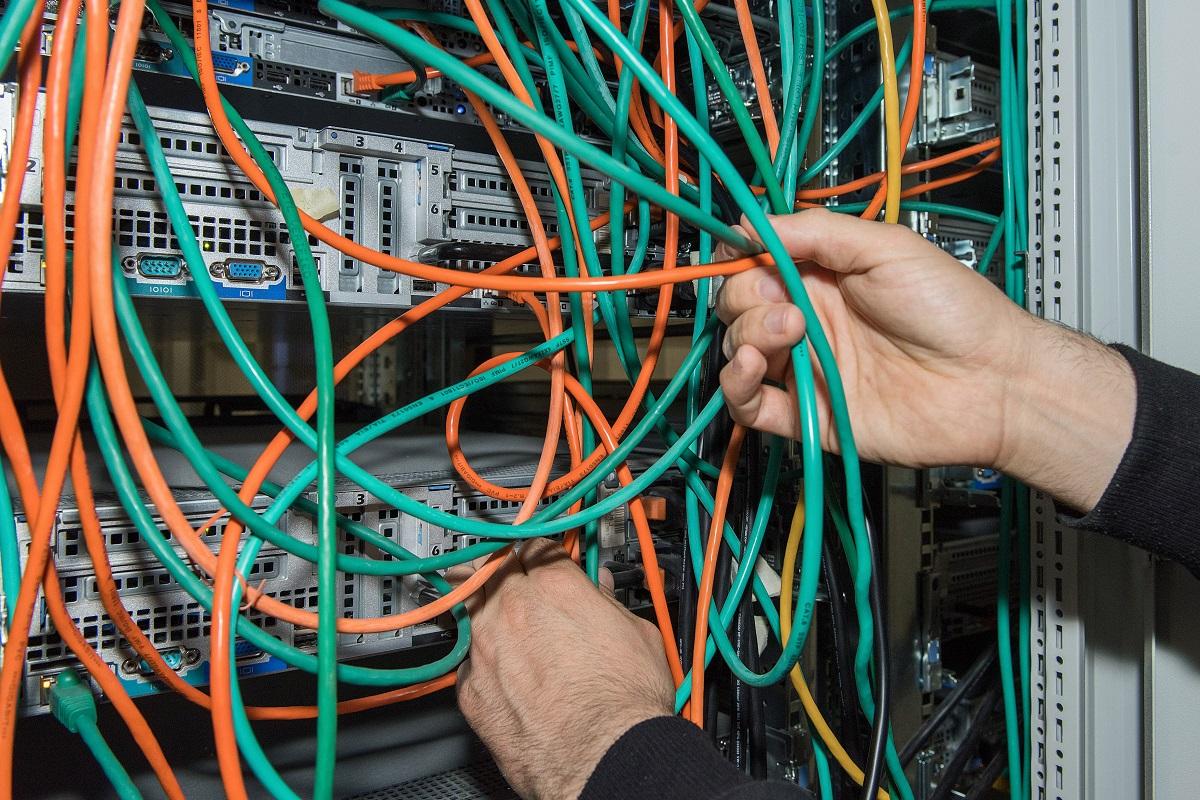 Die Netzwerkverkabelung  der Cluster-Knoten: Verschiedenen Leitungsfarben stehen für verschiedenen Netze. Foto: Hwa Ja Götz/Museum für Naturkunde Berlin