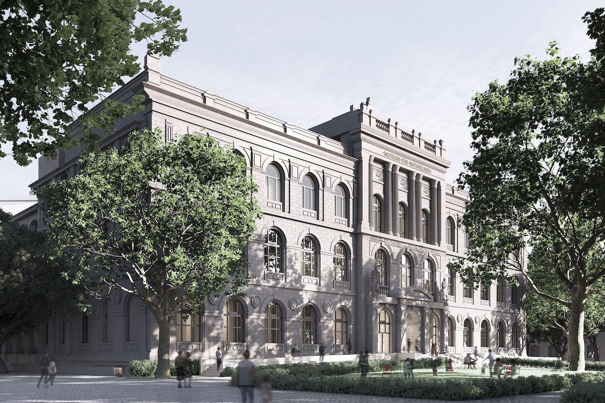 Visualisierung des Gewinnerentwurfs aus dem Architekturwettbewerb: Vorplatz des Hauptgebäudes mit einem barrierefreien Eingang
