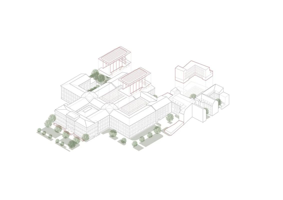 Piktogramm zum Gewinnerentwurf des Architekturwettbewerbs, inklusive eines barrierefreien Haupteingangs, überdachter Innenhöfe sowie Ergänzungsbauten