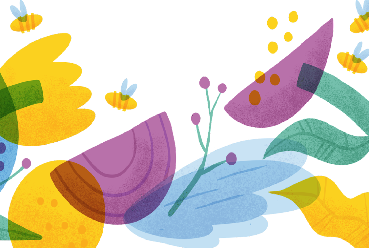 Zeichnung von Blumen und Bienen in bunten Farben