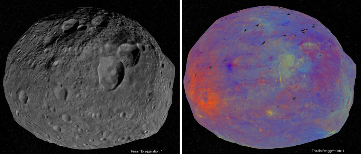 Asteroid Vesta aus der Sicht der NASA Raumsonde Dawn. Links in visuellem Licht, rechts als Falschfarben-Komposit welches mineralogische und strukturelle Unterschiede hervorhebt.