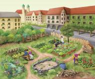 Illustration eines städtischen Gartens mit Gemüsebeeten