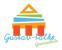 Logo Gustav Falke Grundschule in blau-grüner Schrift und einer Pyramide aus merhfarbigen Objekten.