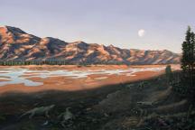 Illustration of a wide river valley in the mountains with early tetrapods and reptiles.