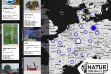 Ansicht einiger Objekte aus der Online Sammlung "Natur der Dinge" vor einer Kartenansicht die den Standort verschiedener beigetragener Objekte innerhalb Europas zeigt.