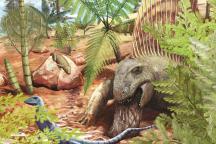 Paleoart depicting a specimen of Dimetrodon teutonis regurgitating undigestible remains, as well as Eudibamus cursoris in the foreground (left), and Thuringothyris mahlendorffae in the background on a rock. 