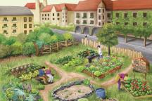Illustration of an urban garden with vegetable beds