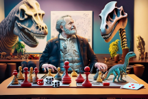 Charles Darwin spielt zwischen Dinosaurierskeletten Brettspiele