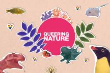 The image shows a collage of various stations from the Queering Nature audio guide, such as a Tyrannosaurus rex.