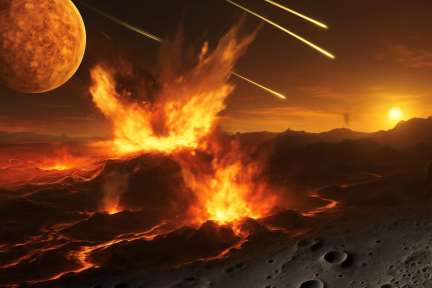 Meteore sind in einer diffusen Atmosphäre über einer vulkanischen Landschaft zu sehen.