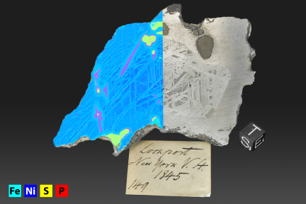 ambria Meteorit, in der Mitte mit sichtbarem Widmanstätten-Gefüge. Die linke Bildhälfte zeigt die Elementverteilungskarte für Eisen, Nickel, Schwefel und Phosphor, erzeugt mit dem Mikro-Röntgenfluoreszenzspektrometer.