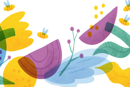 drawing of flowers and bees in bright colors