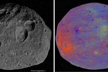 Asteroid Vesta aus der Sicht der NASA Raumsonde Dawn. Links in visuellem Licht, rechts als Falschfarben-Komposit welches mineralogische und strukturelle Unterschiede hervorhebt.