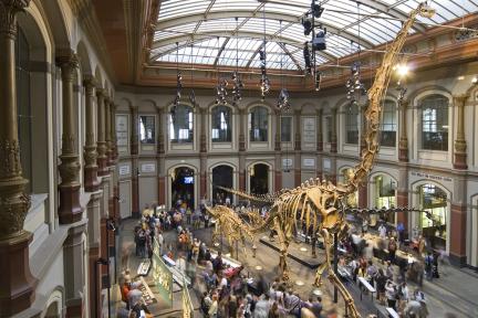 View on the exhibition hall with visitors from the second floor